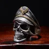 Retro Officer Skull 14K Black Gold Rings for Men Women Punk Hip Hop Rock Skeleton Trendy Ring Fashion Jewelry Gifts Adjustable