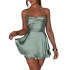 Casual Dresses Awoscut Women s Satin Backless A Line Mini Dress Spaghetti Strap Short Cami Shorts Jumpsuit Cocktail Club Party