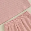 Clothing Sets Summer Toddler Kids Baby Girls Ribbed Solid Short Sleeve T-shirts Ruffles Flare Pants Casual Outfits