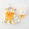 Girl Dresses Girls' Pleated Sleeves Summer Dress 2 Pieces Of Fruit Pattern Printed Princess Big Bow And Hat Set