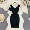 Party Dresses Korean Version Of The Retro Temperament Short-sleeved V-neck Off-shoulder Waist Slimming Mid-length Bag Buttock Bottoming