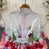 Basic Casual Dresses Summer Fashion Designer Linen Short Dress Women Clothing Lantern Sleeve Flower Print Single Breasted Belted Mini Vestidos 2024