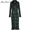 Moaayina Fashion Designer Winter Plaid Tweed Skirts Suit Womens Bow Beading Long SleeveジャケットTassel Skirt2ピースセット240318