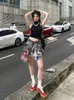 Jupes coréennes streetwear femmes jean mini jupe grunge fille mode asymétrique a-ligne denim patchwork plaid décontracté chic cyber