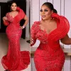 Afrikanisches Arabisch Plus Size Aso Ebi Ballkleider Meerjungfrau Rotes Abendkleid für besondere Anlässe Schwarze Frauen Ballkleid Spitze Perlen Geburtstagsfeierkleider