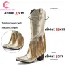 Stivali Metallic Cowgirl Western Boots for Women Kunky Heels Tassel Rivet Platform Boots Comfy Ridding Knee High Luxury Boots Ladies