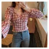 Camicie a maniche lunghe da donna Crop Top Plaid con volant Colletto quadrato Retro Slim elegante pieghettato Streetwear Camicetta femminile casual S-5XL 240318