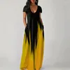 Robes décontractées Femmes Robe d'été Coupe basse Col en V Manches courtes Couleur dégradé Boho Beach Longue Robe d'été Poche Longueur de plancher Respirant Maxi