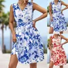 Robes décontractées Élégant imprimé floral été pour femmes 2024 col en V sans manches à lacets longueur au genou robe vintage