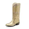 Stivali Ochanmeb Fringe Pink Brevet in pelle Stivali Western Wester Womensels Gold Kneehigh Cowboy Stivali invernali inverno scarpe verdi grandi dimensioni 48