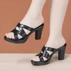 Slippers 8cm Small Big Size 32-43 Elegant Black Gold Block High Heels Shoes 2024 Summer Thick Bottom Soft Leather Office Model