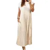 Casual Dresses Women Dress Elegant Midi For Soft Breathable A-line Summer With Pleated Round Neck Stylish Mid-calf Length