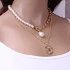 Anhänger Halsketten Vintage Mehrschichtige Barock Perlenkette Choker Halskette Frauen Gold Farbe Mode Porträt Runde Schmuck