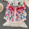 Basic Casual Dresses Summer Fashion Designer Linen Short Dress Women Clothing Lantern Sleeve Flower Print Single Breasted Belted Mini Vestidos 2024