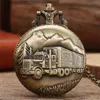 Vintage Bronze Retro Big Truck Forest Tree Pocket Watch Quartz Analoge horloges kettingketting voor autodriver mannen vrouwen cadeau