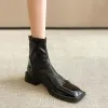 Botas Colores mixtos Botas Montar zapatillas Femeninas Mujeres Japoneses Tontas cuadradas de cuero Chelsea Botines Zip Tisos gruesos Botas de Mujer