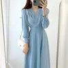 Vestidos casuais coreano chique vintage para mulheres plissadas cruz v-pescoço cintura alta fina elegante temperamento de mangas compridas vestido de joelho