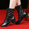 Bottes Véricères en cuir en cuir Fleece Latin Dance Chaussures Soft Soft Soft Women's Middle Heel Social Sailor Square