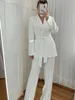 ZBZA Casual Womens Long Sleeve VNeck White Blazer High Waisted Wide Leg Trousers Office Ladies Black Suit Fashion Top 240319