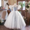 blu Fiore Ragazze Abiti Per Matrimoni principessa Pizzo Tulle Perle Backless Principessa Bambini Matrimonio Compleanno Festa Abiti Bambini Matrimonio Compleanno Abito per bambini