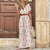 Casual Dresses Boho Paisley Print Dress Women Elegant V Neck Short Sleeve Belt Large Hem Long 2024 Summer Vintage Beach Party Maxi