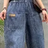 Calças de brim femininas na moda branqueada 70-75cm bezerro-comprimento vaqueros oversize harem casual elástico cintura alta streetwear denim calças largas