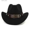 Geniş Kötü Şapkalar Kova Şapkaları Bulls Head Band Western Cowboy Şapkası Kadınlar Kış Sonbahar Caz Cowgirl Cloche Sombrero Caps Feel Fedoras Sun Cap L240322