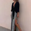 Arbeitskleider Damen Langer Rock mit fester Vertuschung Damenmode Freizeitkleid Anzug Satin Top gestreift Split Set