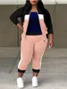 Lw plus size zíper design retalhos calças definir feminino bloco de cores gola mandarim treino manga longa duas peças outfits 240315