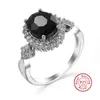 Com pedras laterais genuíno 925 prata esterlina empilhável anel redondo preto cz cristal anéis de dedo para mulheres aniversário de casamento jóias anel