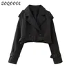 카키 벨트 여자 재킷 가을 2023 패션 캐주얼 스트리트웨어 버튼 느슨한 긴 소매 꼭대기 여성 자른 트렌치 코트 아웃복 240311