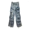 Jeans para mujer Pierna ancha Mujeres Múltiples bolsillos Patchwork Cintura alta Azul Streetwear Pantalones de mezclilla 2024 Otoño Invierno Pantalones X566