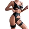 3pcs Leder Dessous Set für Frauen sexy Hollow -Unterdrückung BH und Höschen mit Strumpfbandgürteln 240312