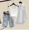 Calças femininas de duas peças verão ampla livre casual perna calças camisa branca onda sutiã colete três elegante conjunto treino 230403