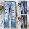 Damen Jeans Damen Independence Day Print Zerrissene Hosen Sport Solid Casual Baggy Streetwear