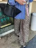 Calças femininas vintage leopardo impresso cintura alta perna larga moda feminina solta em linha reta calças compridas casual feminino comute streetwear