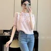 T-shirts pour femmes perles paillettes colorées doux tricoté t-shirt chic rose clair décontracté style court pull t-shirts mignon haut femmes printemps