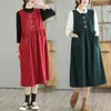 Casual Kleider 2024 Stickerei Floral Ärmel Taschen Cord Vintage Herbst Winter Outwear Tank Kleid Mode Frauen Frühling