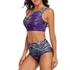 Costume da bagno bikini da donna con stampa tigre Costume da bagno bikini sexy nero e viola a vita alta Set design in due pezzi Push Up Surf femminile