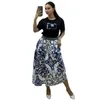 Designer Pleated Two Piece Dress Women Casual Short Sleeve T-shirt and Maxi Skirts Set Free Ship