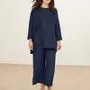 Pantalon deux pièces pour femmes, grande taille, costume en coton et lin, t-shirt de sport décontracté, ensemble avec coupe ample, col rond, manches longues, haut à jambes larges