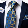 Gravatas Gravatas Hi-Tie Novo Amarelo Azul Xadrez Mens Gravata Conjunto De Seda De Luxo 8.5cm Grande Gravata Para Homens Moda Hanky ​​Cufflinks Definir Qualidade De Casamento Y240325