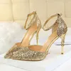 Comemore Elegant Party Sandals Metal Stiletto Glitter Pumps Luxury Womens Wedding Shoes Bride Gold Silver 2023 Women High Heels 240320