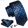 Cravatte Cravatte New Blue Plaid Seta Cravatta da uomo Regalo di nozze Barry.Wang Designer 3PC Cravatta Fazzoletto Gemelli Set Business Groom LN-5810 Y240325