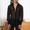 Camisas casuais masculinas preto malha transparente camisa transparente com mangas compridas decote em v sexy single-breasted para homens de festa
