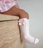 Fashion Baby Girls cotton socks INS chidren ribbon Bows princess leg kids ruffle 3/4 knee high knitting sock A3341
