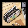 Grid Mesh Pencil Case 2 Compartment Pen Bags Clear Handheld Multifunction Pouch For Teen Students Black