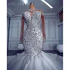 Ebi Arabo Plus Aso Size Avorio Abito da sposa a sirena Cristalli con perline Pizzo Sheer Neck Abiti da sposa Abiti ZJ es