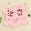 Pudcoco Mädchen Sommer 2PCS Shorts Sets Kurzarm Brief Blume Stickerei Tops Einfarbig Schwester Passenden Outfits 240314