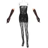 Work Dresses 3 Piece Sexy Women Mini Lace Dress With Leggings And Gloves Matching Set See Through Red Party Club Suit 2024 Y2K Outfit